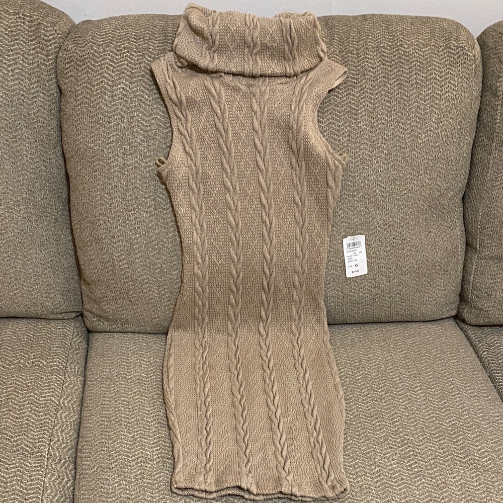 Windsor Tan Cable Knit Turtleneck Sweater Dress